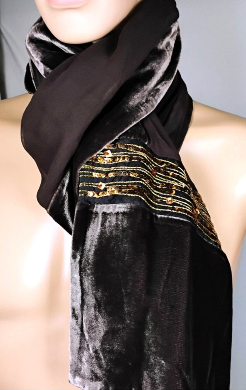 Silk Velvet Scarf Sheer Sequin Trim Long Wrap Brown Glam Dark Academia Art Deco